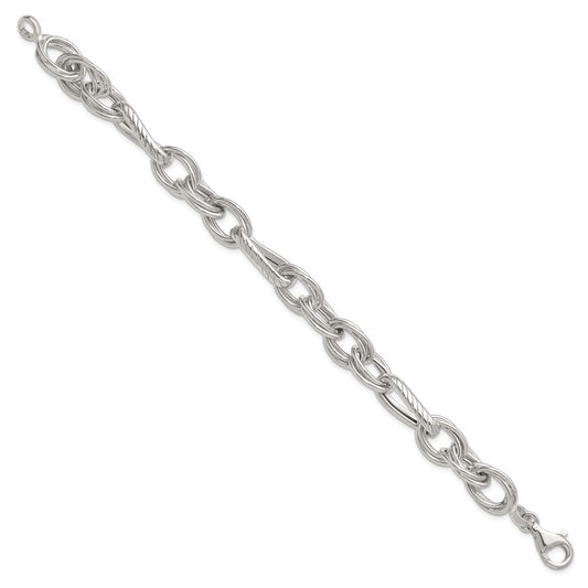 925 Sterling Silver 11.6mm Polished and Textured Triple Link and Twisted Link Bracelet 8 inch