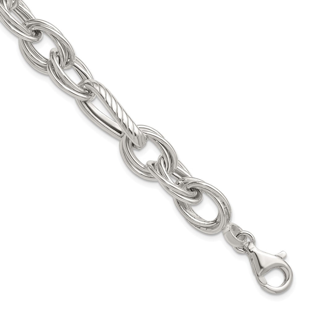 925 Sterling Silver 11.6mm Polished and Textured Triple Link and Twisted Link Bracelet 8 inch