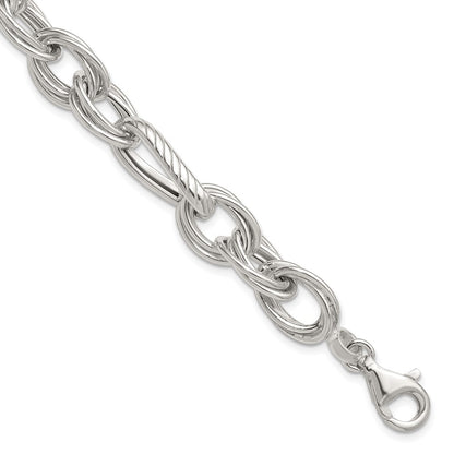 925 Sterling Silver 11.6mm Polished and Textured Triple Link and Twisted Link Bracelet 8 inch