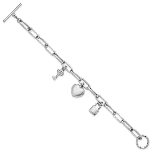 925 Sterling Silver 13.3mm Rhodium-plated Heart Lock and Key with Cubic Zirconia Paperclip Chain Toggle Bracelet 7.5 inch