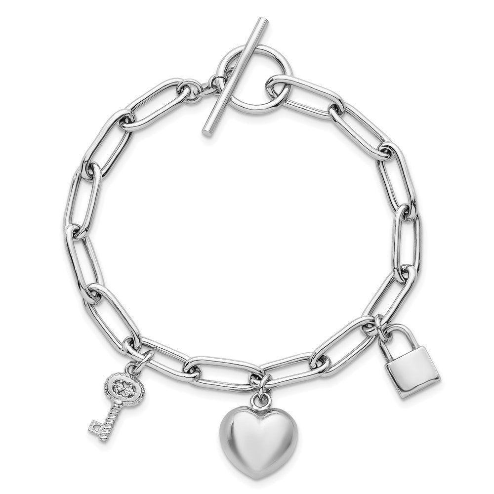 925 Sterling Silver 13.3mm Rhodium-plated Heart Lock and Key with Cubic Zirconia Paperclip Chain Toggle Bracelet 7.5 inch