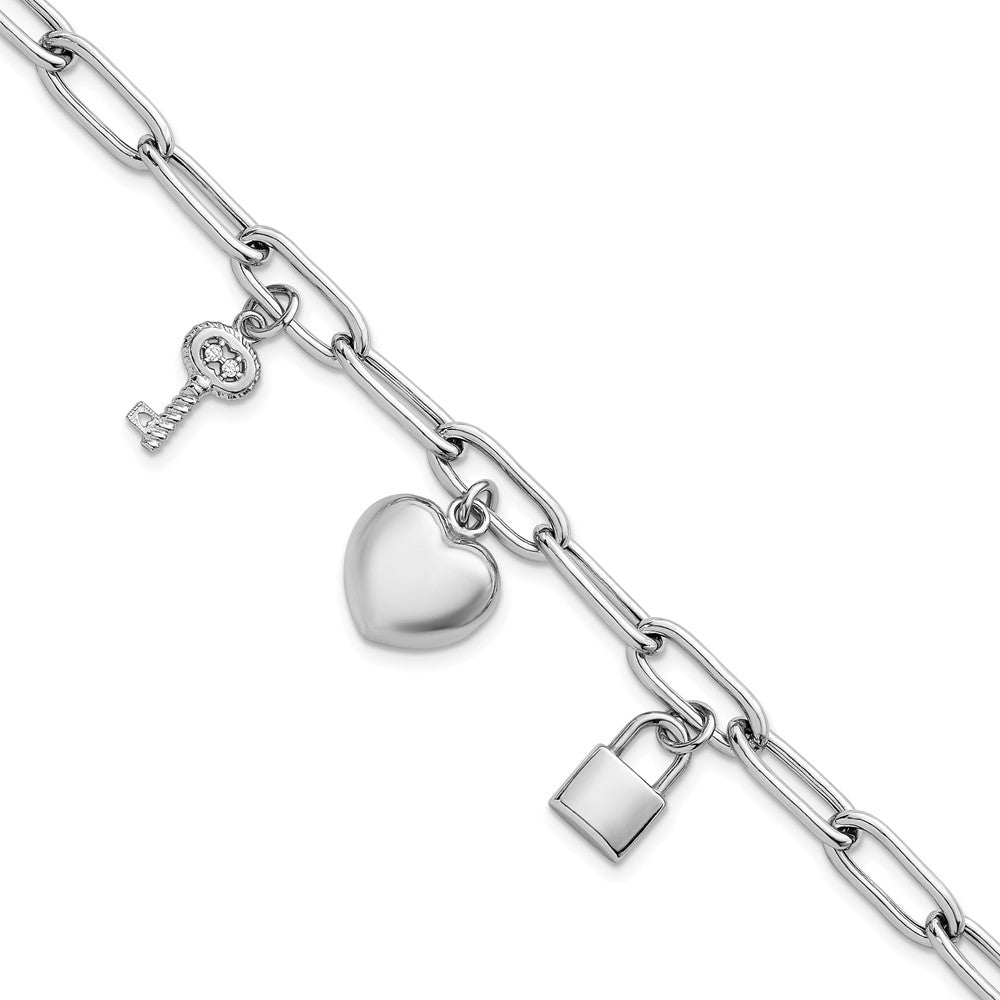 925 Sterling Silver 13.3mm Rhodium-plated Heart Lock and Key with Cubic Zirconia Paperclip Chain Toggle Bracelet 7.5 inch