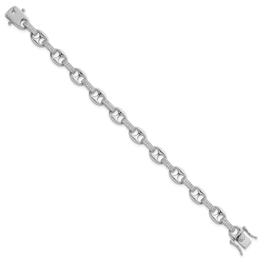 925 Sterling Silver 8mm Rhodium-plated Polished Cubic Zirconia Oval and Mariner Link Bracelet 7 inch