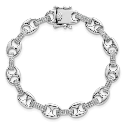 925 Sterling Silver 8mm Rhodium-plated Polished Cubic Zirconia Oval and Mariner Link Bracelet 7 inch