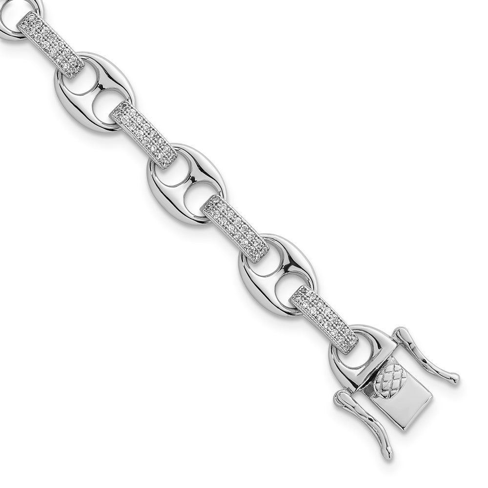 925 Sterling Silver 8mm Rhodium-plated Polished Cubic Zirconia Oval and Mariner Link Bracelet 7 inch