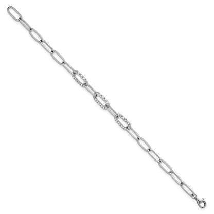 925 Sterling Silver 5.3mm Rhodium-plated Polished Fancy Cubic Zirconia Paperclip Chain Bracelet 7 inch