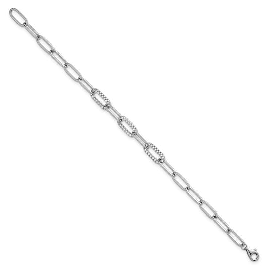 925 Sterling Silver 5.3mm Rhodium-plated Polished Fancy Cubic Zirconia Paperclip Chain Bracelet 7 inch