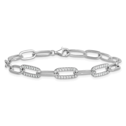 925 Sterling Silver 5.3mm Rhodium-plated Polished Fancy Cubic Zirconia Paperclip Chain Bracelet 7 inch