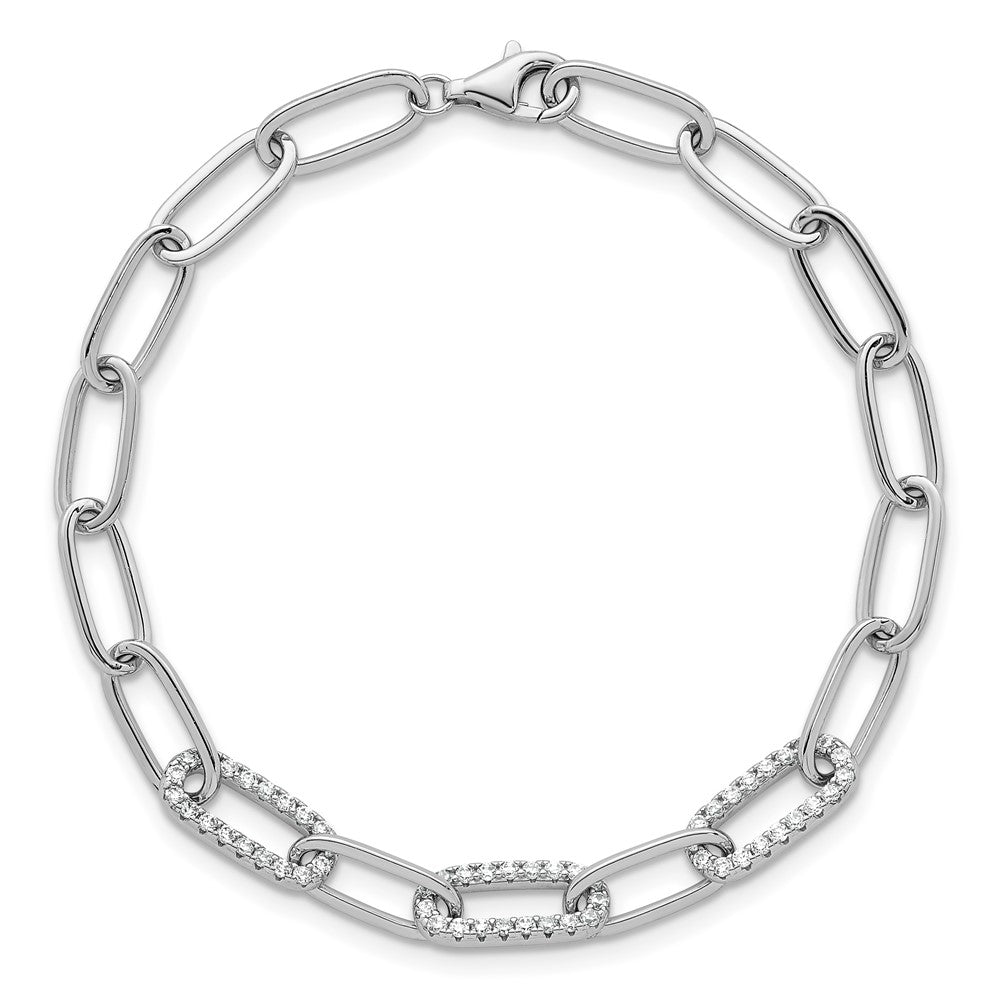 925 Sterling Silver 5.3mm Rhodium-plated Polished Fancy Cubic Zirconia Paperclip Chain Bracelet 7 inch