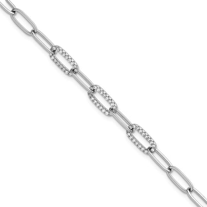 925 Sterling Silver 5.3mm Rhodium-plated Polished Fancy Cubic Zirconia Paperclip Chain Bracelet 7 inch