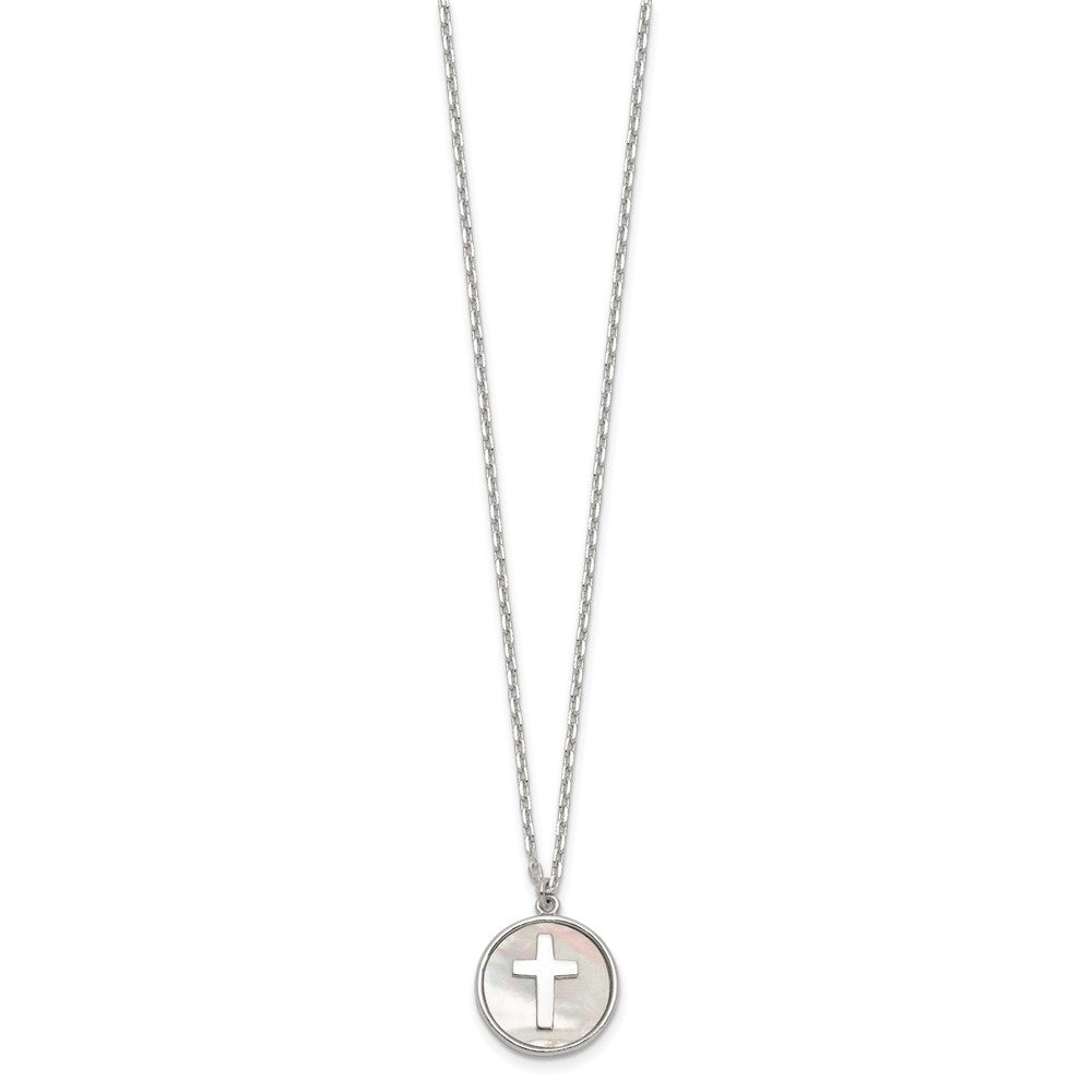 Sterling Silver Polished Mother Of Pearl Circle with Cross Necklace 16"
