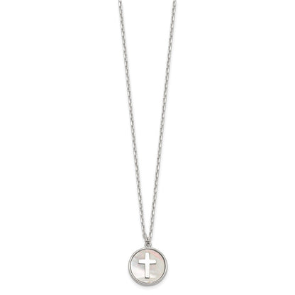 Sterling Silver Polished Mother Of Pearl Circle with Cross Necklace 16"