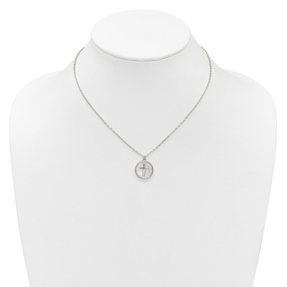 Sterling Silver Polished Mother Of Pearl Circle with Cross Necklace 16"