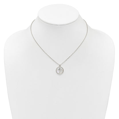 Sterling Silver Polished Mother Of Pearl Circle with Cross Necklace 16"