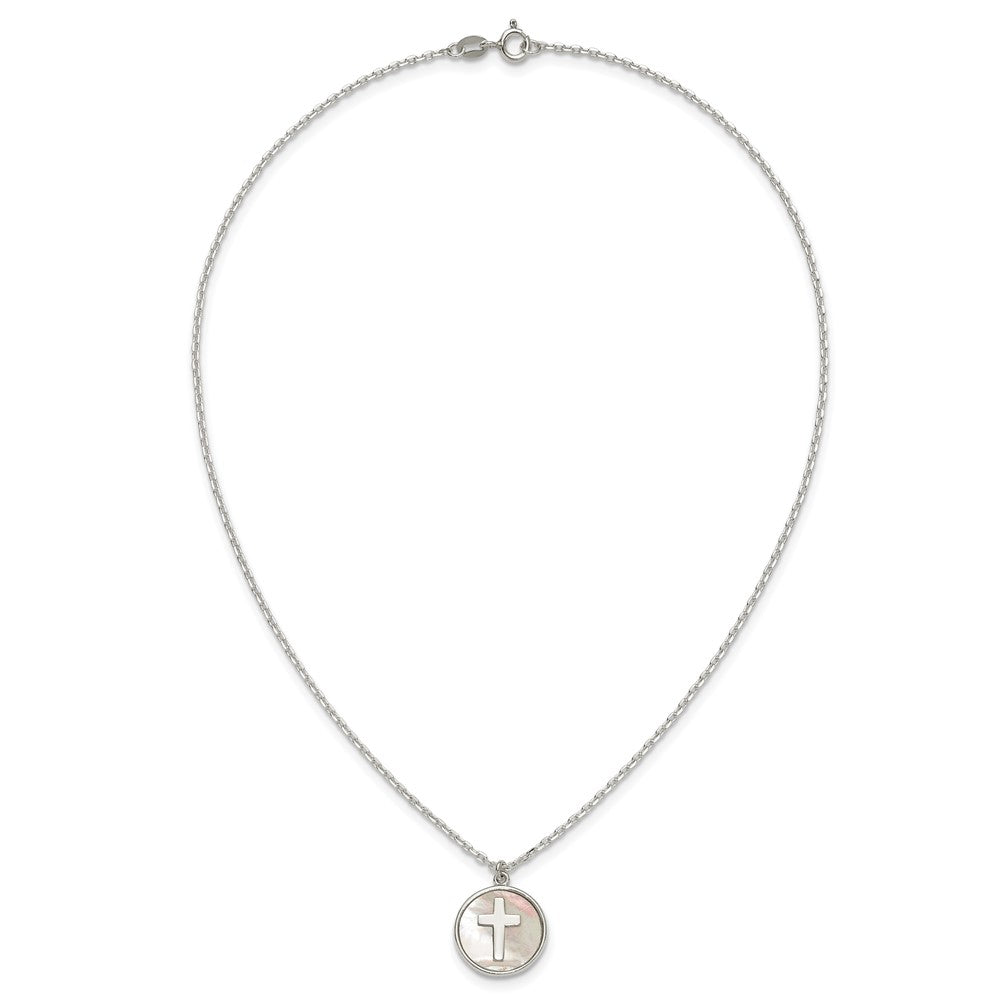 Sterling Silver Polished Mother Of Pearl Circle with Cross Necklace 16"