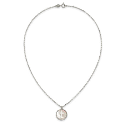 Sterling Silver Polished Mother Of Pearl Circle with Cross Necklace 16"