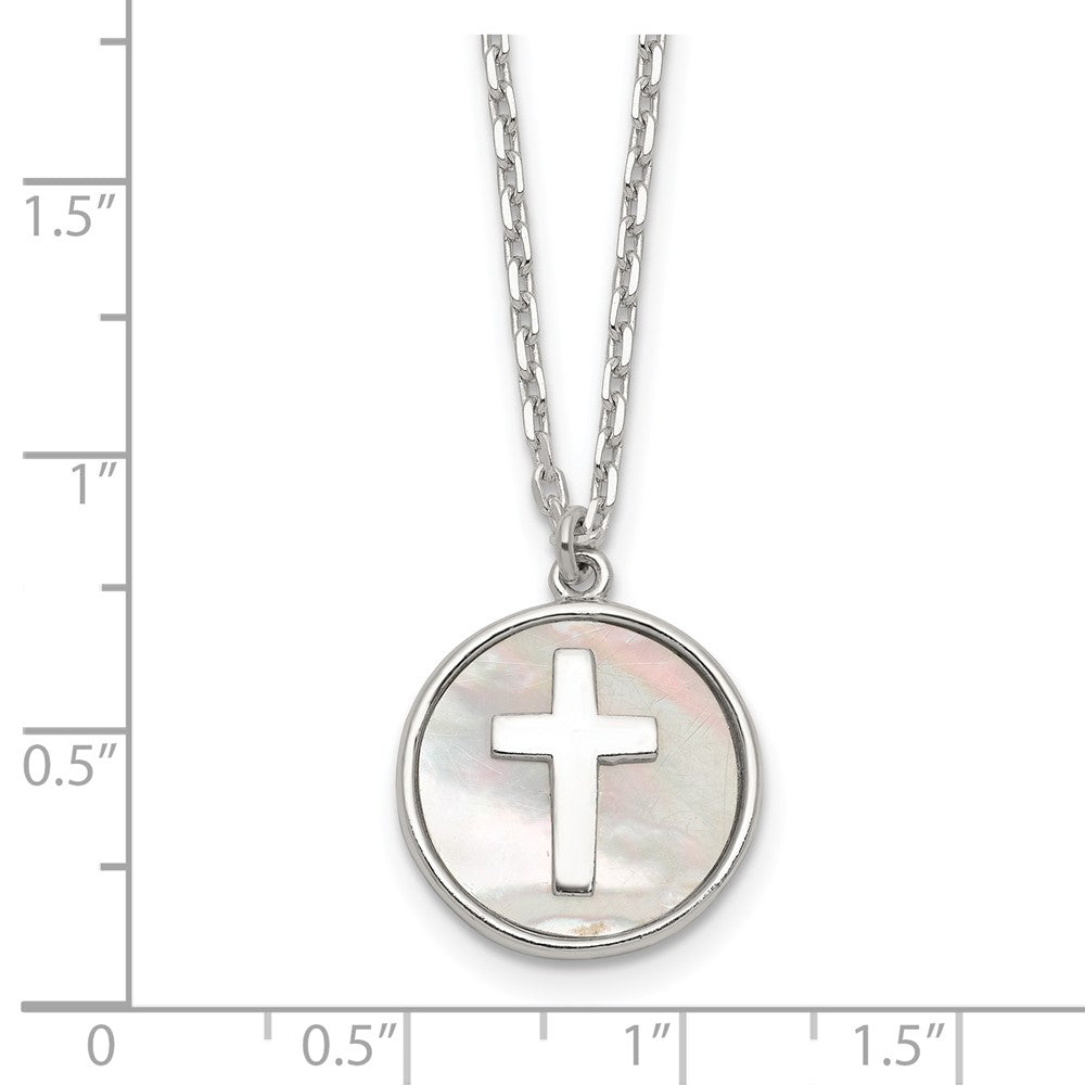 Sterling Silver Polished Mother Of Pearl Circle with Cross Necklace 16"