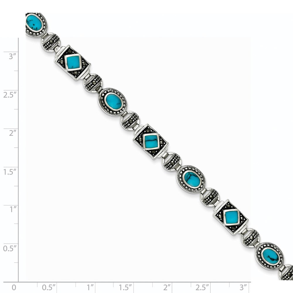 925 Sterling Silver Rhodium-plated Synth Turquoise and Marcasite Bracelet 7 inch