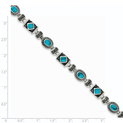 925 Sterling Silver Rhodium-plated Synth Turquoise and Marcasite Bracelet 7 inch