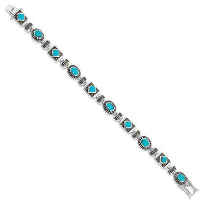 925 Sterling Silver Rhodium-plated Synth Turquoise and Marcasite Bracelet 7 inch