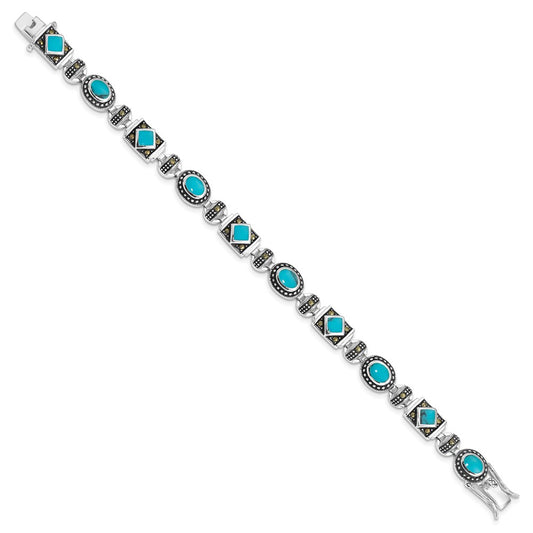 925 Sterling Silver Rhodium-plated Synth Turquoise and Marcasite Bracelet 7 inch