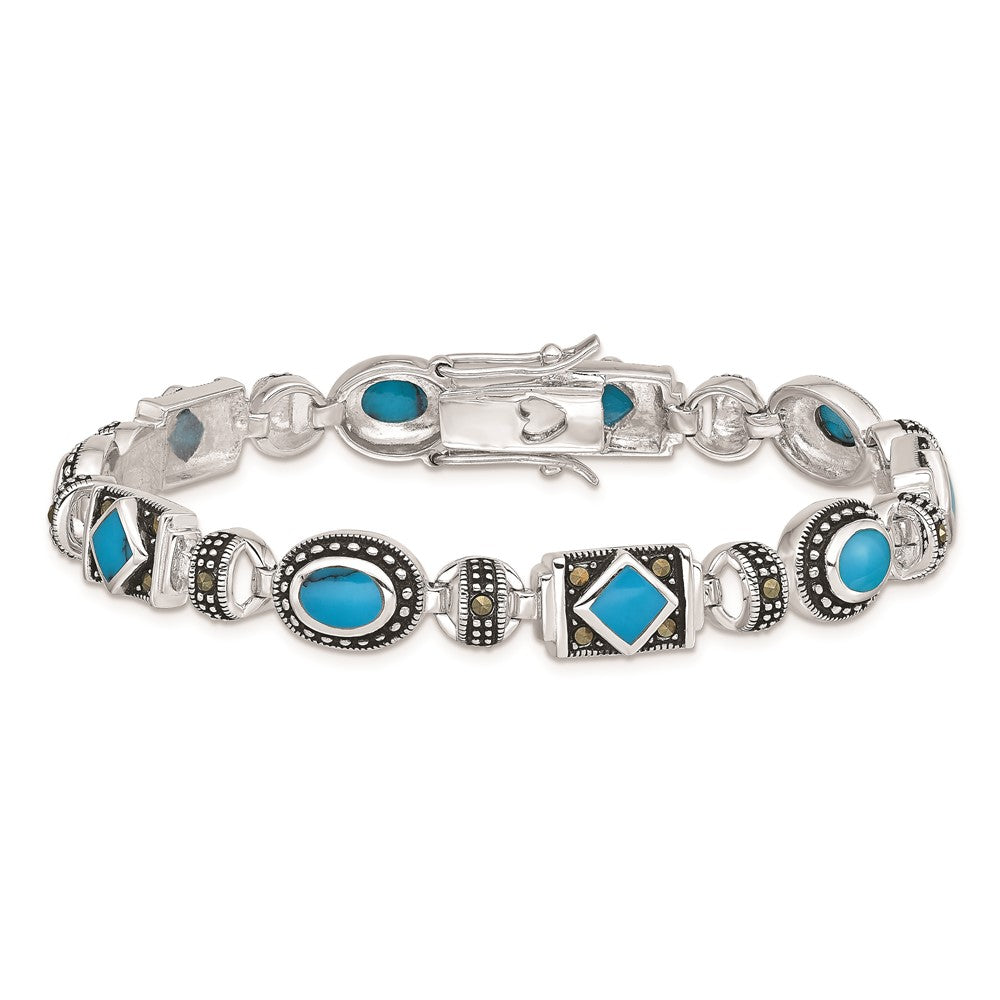 925 Sterling Silver Rhodium-plated Synth Turquoise and Marcasite Bracelet 7 inch