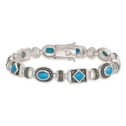 925 Sterling Silver Rhodium-plated Synth Turquoise and Marcasite Bracelet 7 inch