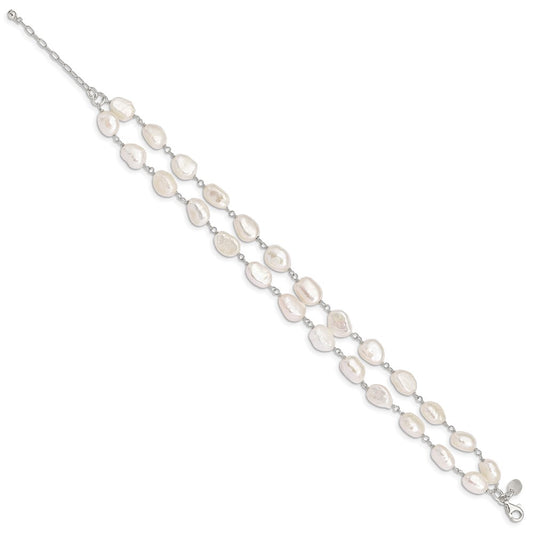 925 Sterling Silver 2-Strand White Baroque Freshwater Cultured Pearl 8.5 inch Bracelet