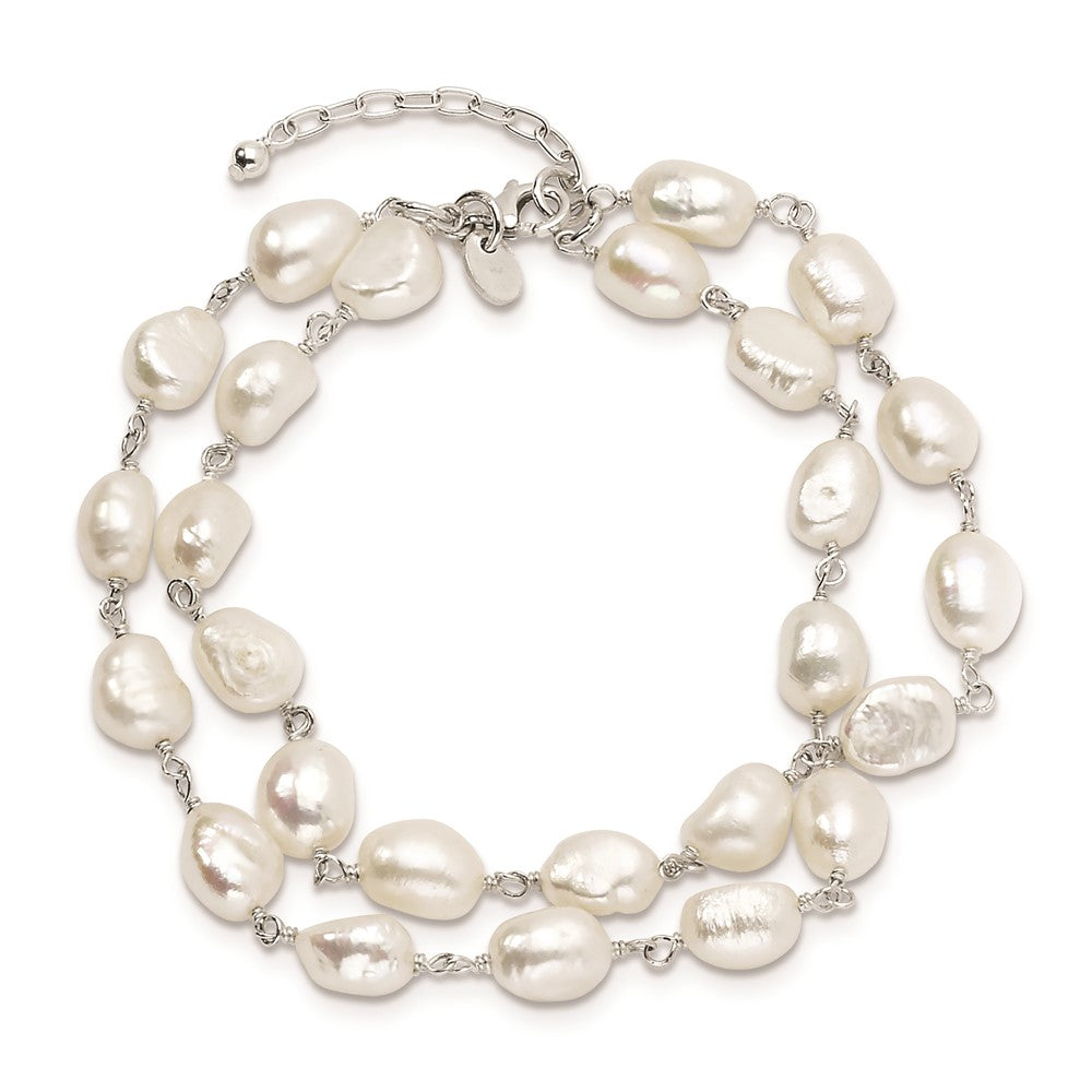 925 Sterling Silver 2-Strand White Baroque Freshwater Cultured Pearl 8.5 inch Bracelet
