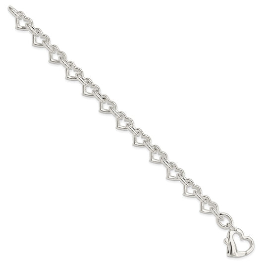 925 Sterling Silver 11mm Polished Fancy Heart Link Bracelet 7.5 inch
