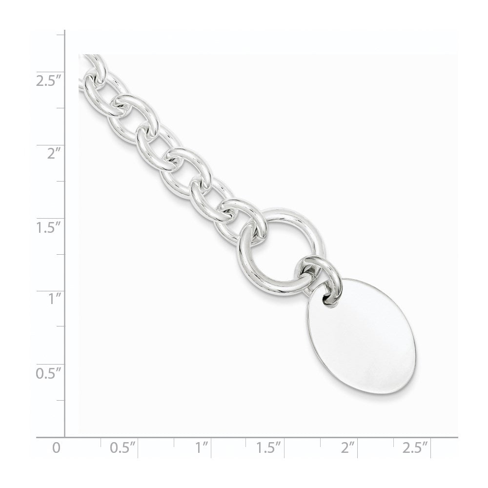 925 Sterling Silver 17mm Engraveable Oval Disc on Fancy Link Bracelet 7.5 inch