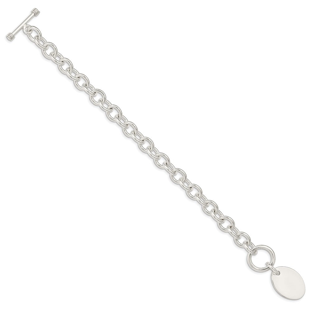 925 Sterling Silver 17mm Engraveable Oval Disc on Fancy Link Bracelet 7.5 inch