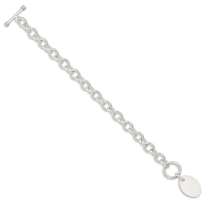 925 Sterling Silver 17mm Engraveable Oval Disc on Fancy Link Bracelet 7.5 inch