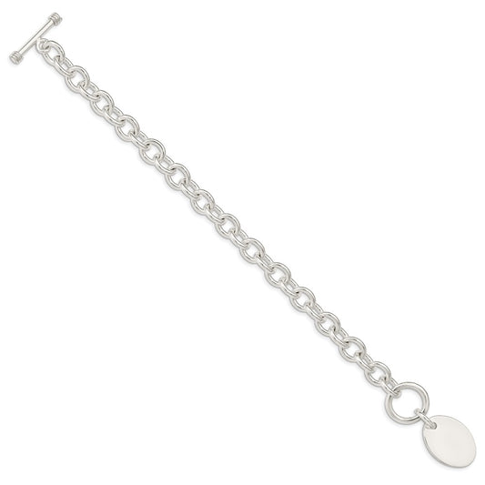925 Sterling Silver 17mm Engraveable Oval Disc on Fancy Link Bracelet 7.5 inch