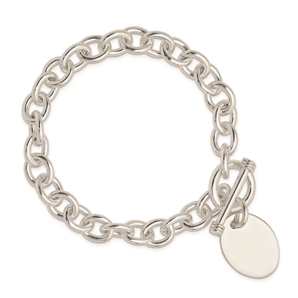 925 Sterling Silver 17mm Engraveable Oval Disc on Fancy Link Bracelet 7.5 inch