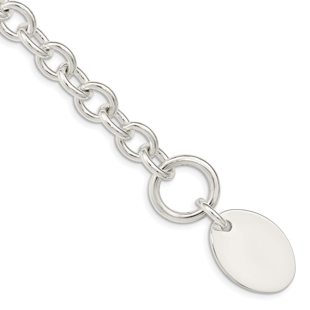 925 Sterling Silver 17mm Engraveable Oval Disc on Fancy Link Bracelet 7.5 inch