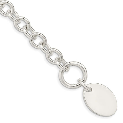925 Sterling Silver 17mm Engraveable Oval Disc on Fancy Link Bracelet 7.5 inch