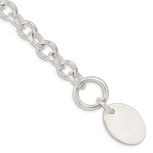 925 Sterling Silver 17mm Engraveable Oval Disc on Fancy Link Bracelet 7.5 inch