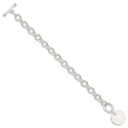 925 Sterling Silver 20mm Engraveable Circular Disc on Fancy Link Bracelet 7.5 inch