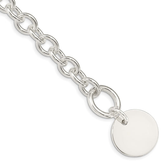 925 Sterling Silver 20mm Engraveable Circular Disc on Fancy Link Bracelet 7.5 inch