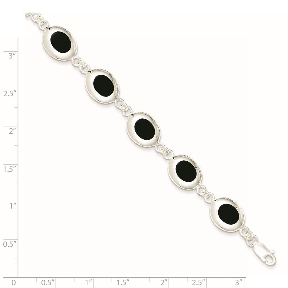 925 Sterling Silver Rhodium-plated Fancy Polished Onyx Bracelet 7 inch