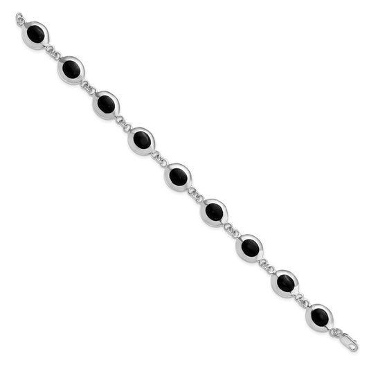 925 Sterling Silver Rhodium-plated Fancy Polished Onyx Bracelet 7 inch
