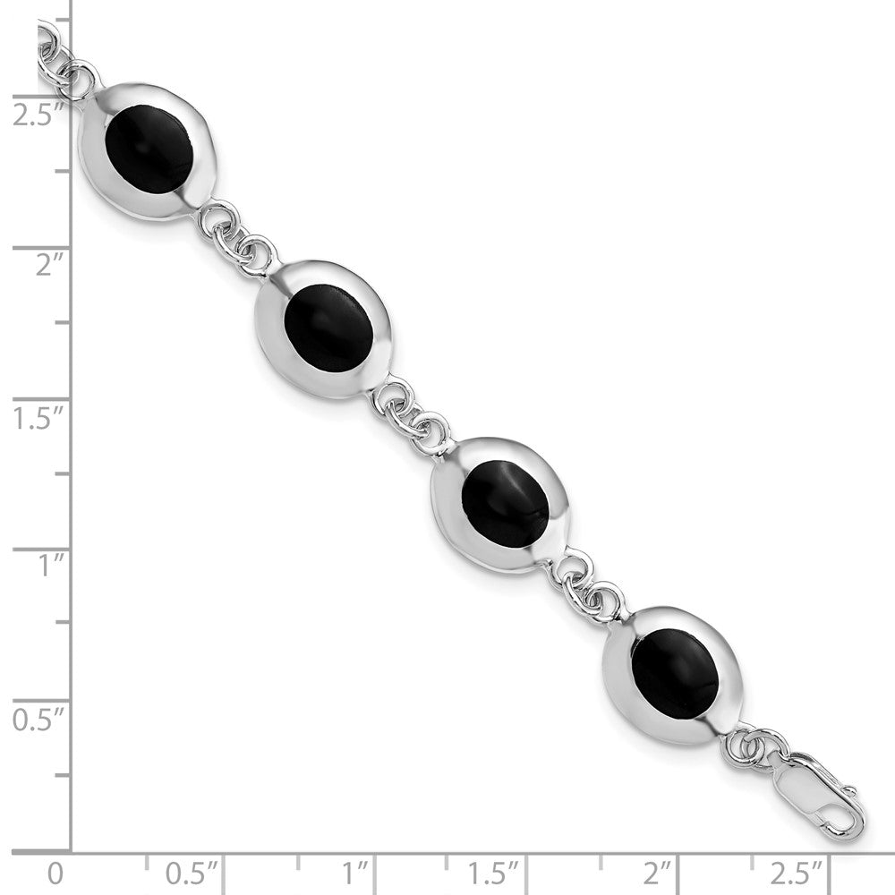 925 Sterling Silver Rhodium-plated Fancy Polished Onyx Bracelet 7 inch