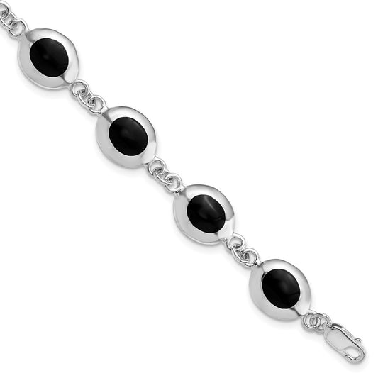 925 Sterling Silver Rhodium-plated Fancy Polished Onyx Bracelet 7 inch