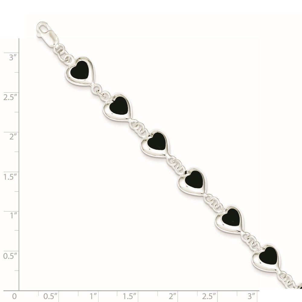 925 Sterling Silver Rhodium-plated Fancy Polished Heart Onyx Bracelet 7 inch