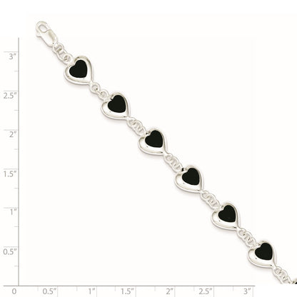 925 Sterling Silver Rhodium-plated Fancy Polished Heart Onyx Bracelet 7 inch