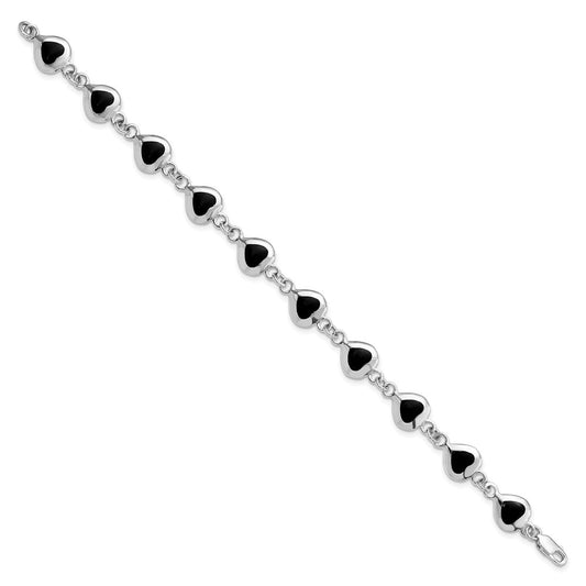 925 Sterling Silver Rhodium-plated Fancy Polished Heart Onyx Bracelet 7 inch