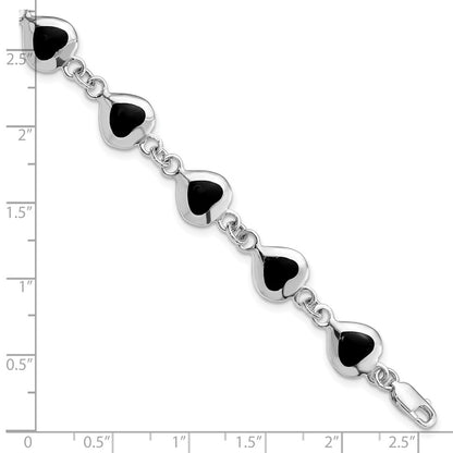 925 Sterling Silver Rhodium-plated Fancy Polished Heart Onyx Bracelet 7 inch