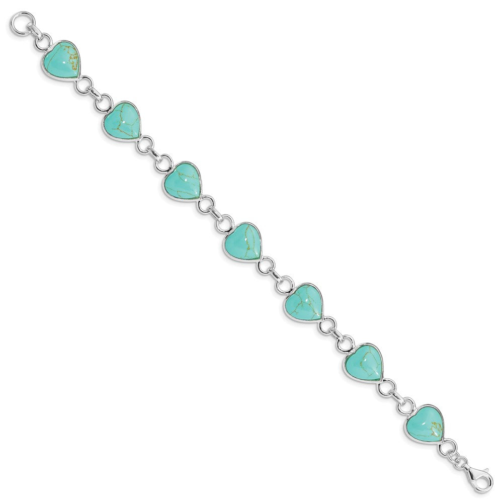 925 Sterling Silver Rhodium-plated Heart-shaped Turquoise Bracelet 7 inch