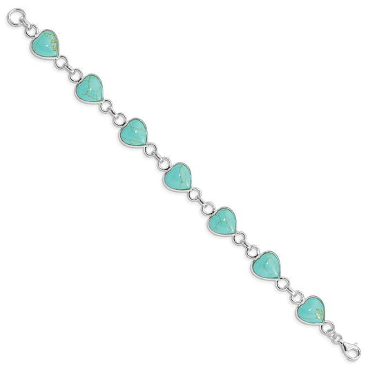 925 Sterling Silver Rhodium-plated Heart-shaped Turquoise Bracelet 7 inch
